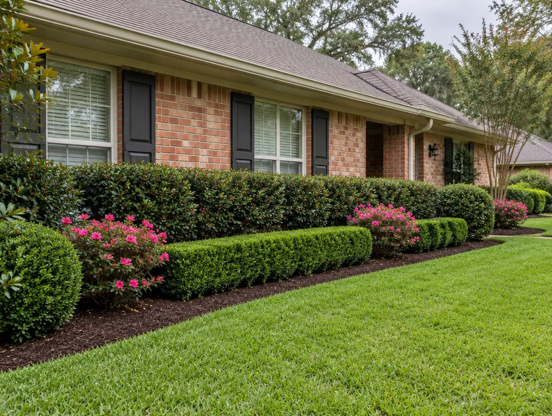 Neatly shaped hedges and azaleas along the front of a brick home