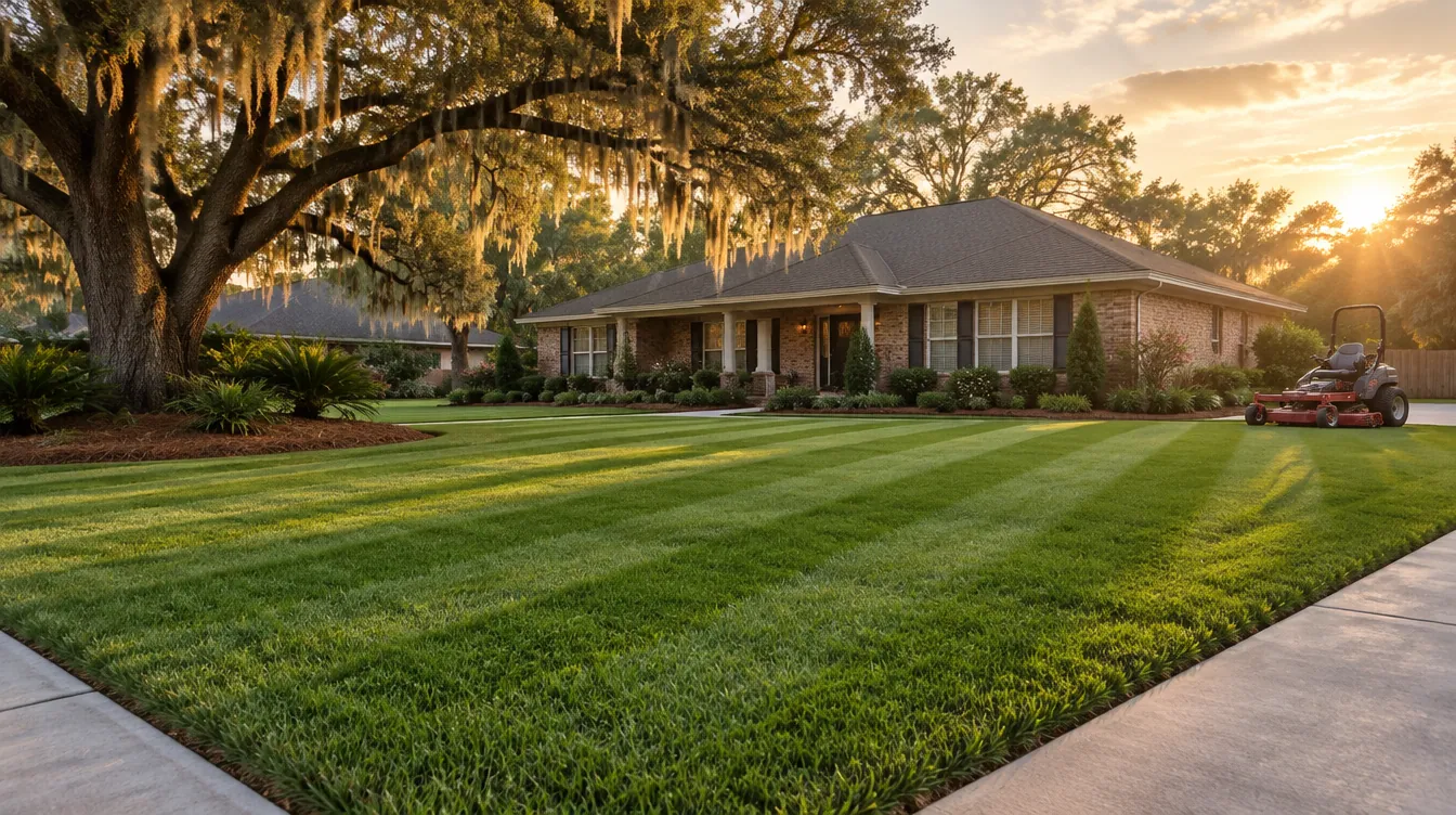 Freshly striped St. Augustine lawn under a live oak in front of a brick home near Broussard, LA