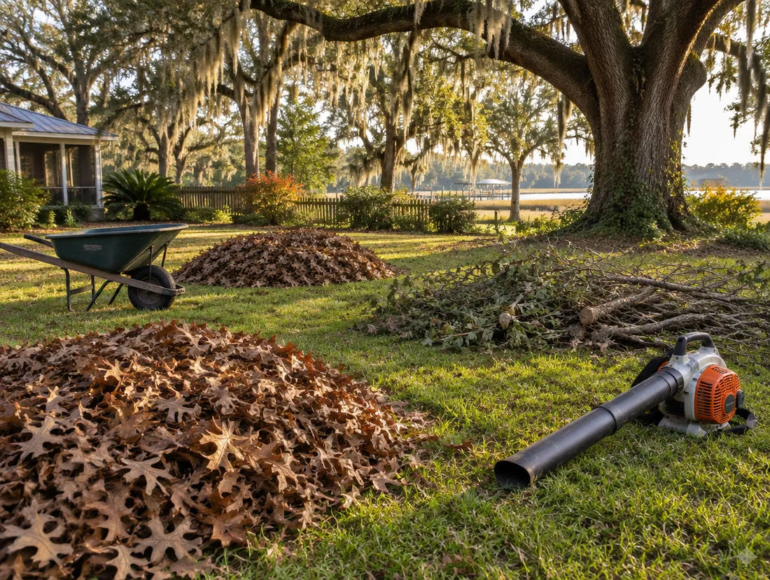 Raked oak leaves and fallen branches during a backyard cleanup under a live oak