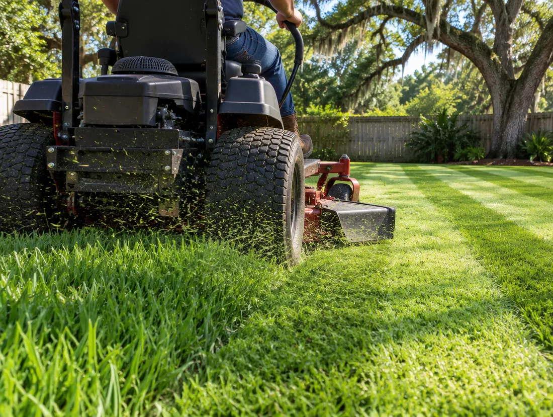 Zero-turn mower cutting fresh stripes in a St. Augustine lawn